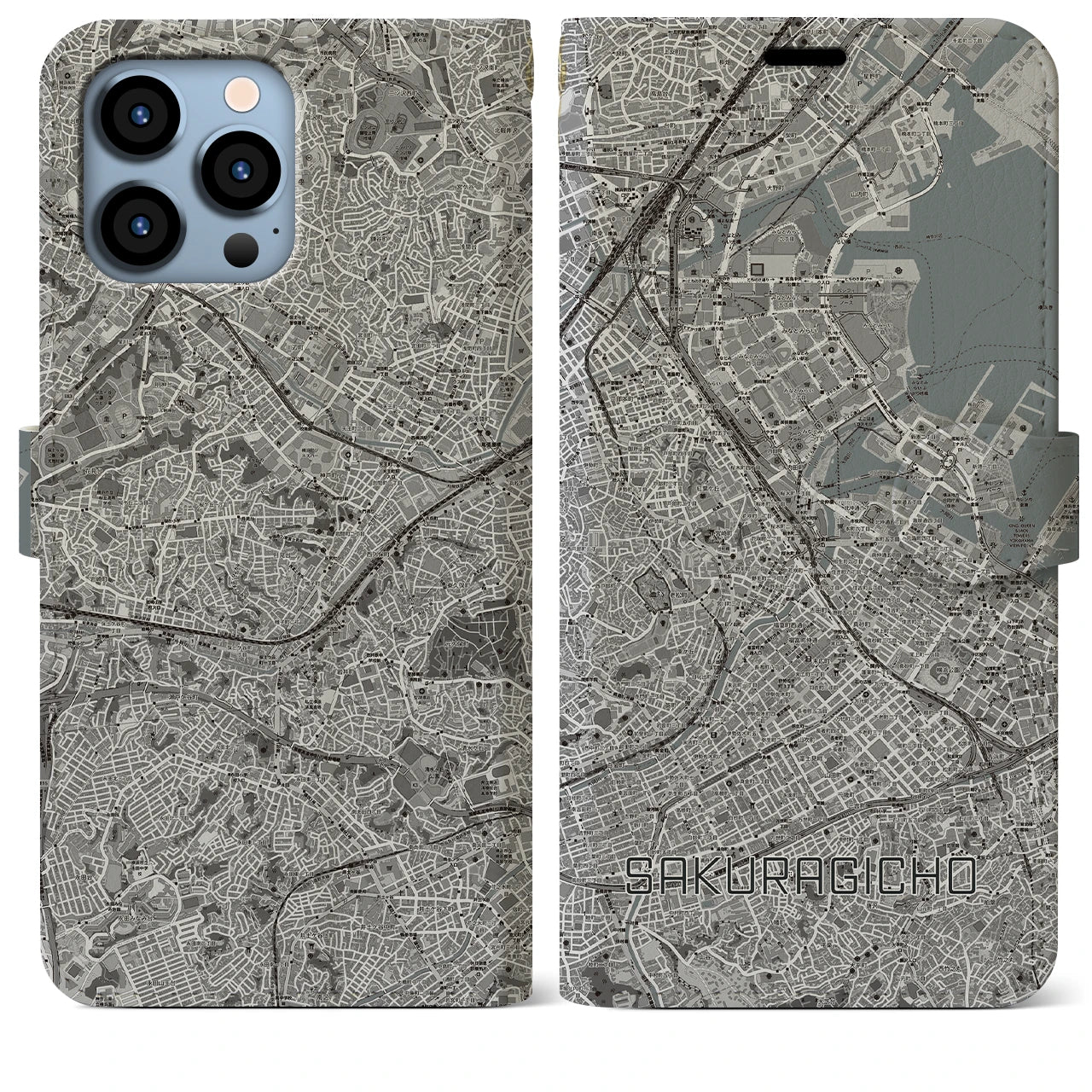 【桜木町】地図柄iPhoneケース（手帳両面タイプ・モノトーン）iPhone 13 Pro Max 用
