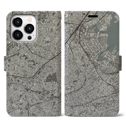 【桜木町（神奈川県）】地図柄iPhoneケース（手帳タイプ）モノトーン・iPhone 13 Pro 用