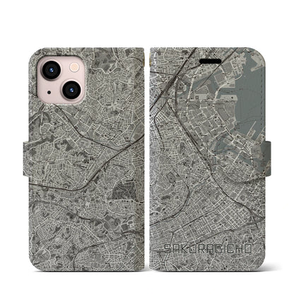 【桜木町（神奈川県）】地図柄iPhoneケース（手帳タイプ）モノトーン・iPhone 13 mini 用
