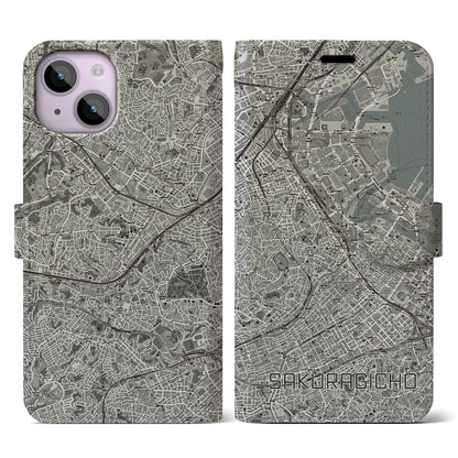 【桜木町（神奈川県）】地図柄iPhoneケース（手帳タイプ）モノトーン・iPhone 14 用