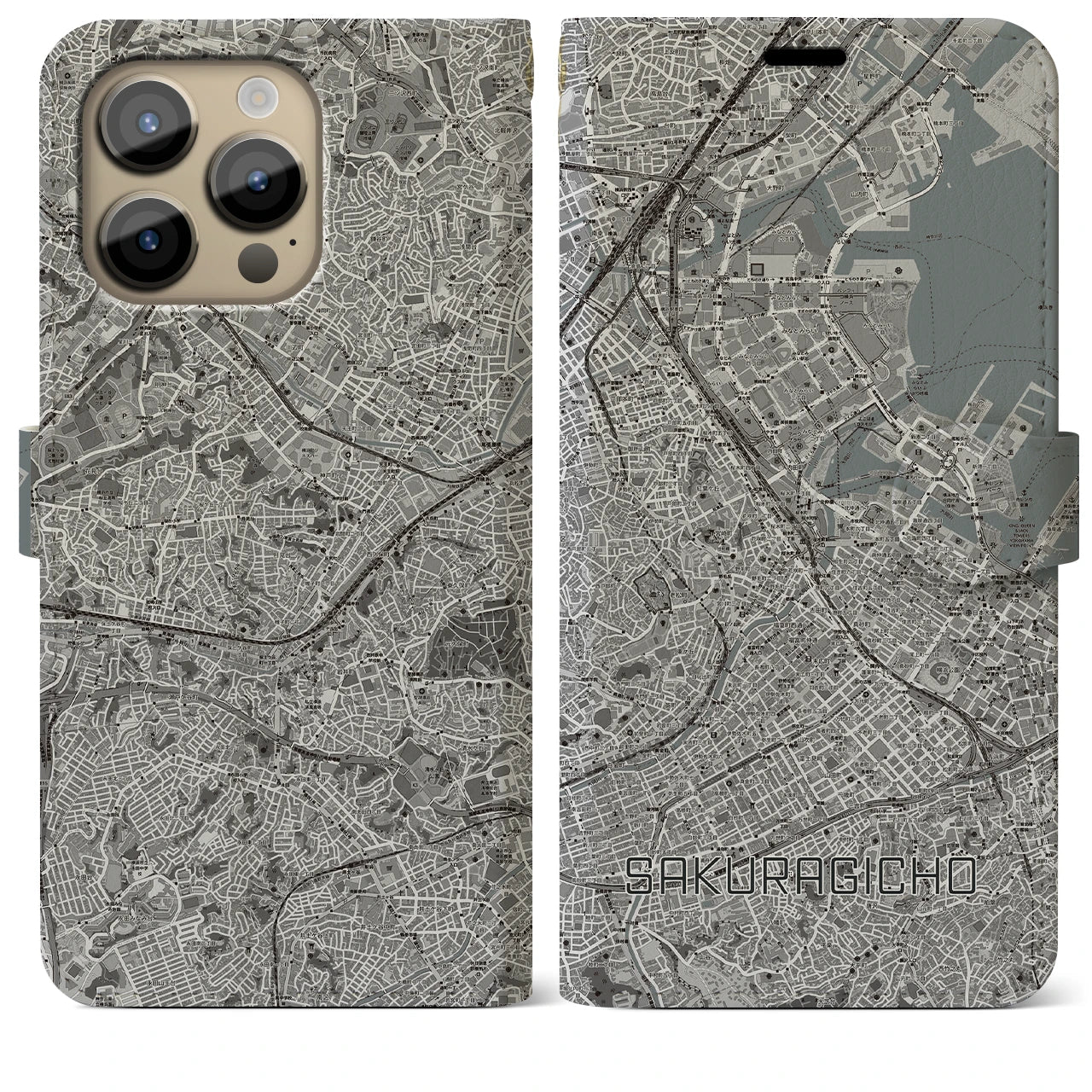 【桜木町】地図柄iPhoneケース（手帳両面タイプ・モノトーン）iPhone 14 Pro Max 用