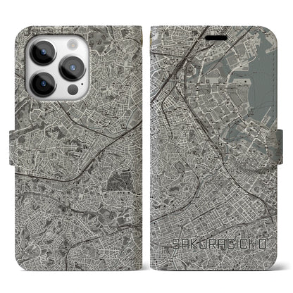 【桜木町（神奈川県）】地図柄iPhoneケース（手帳タイプ）モノトーン・iPhone 14 Pro 用