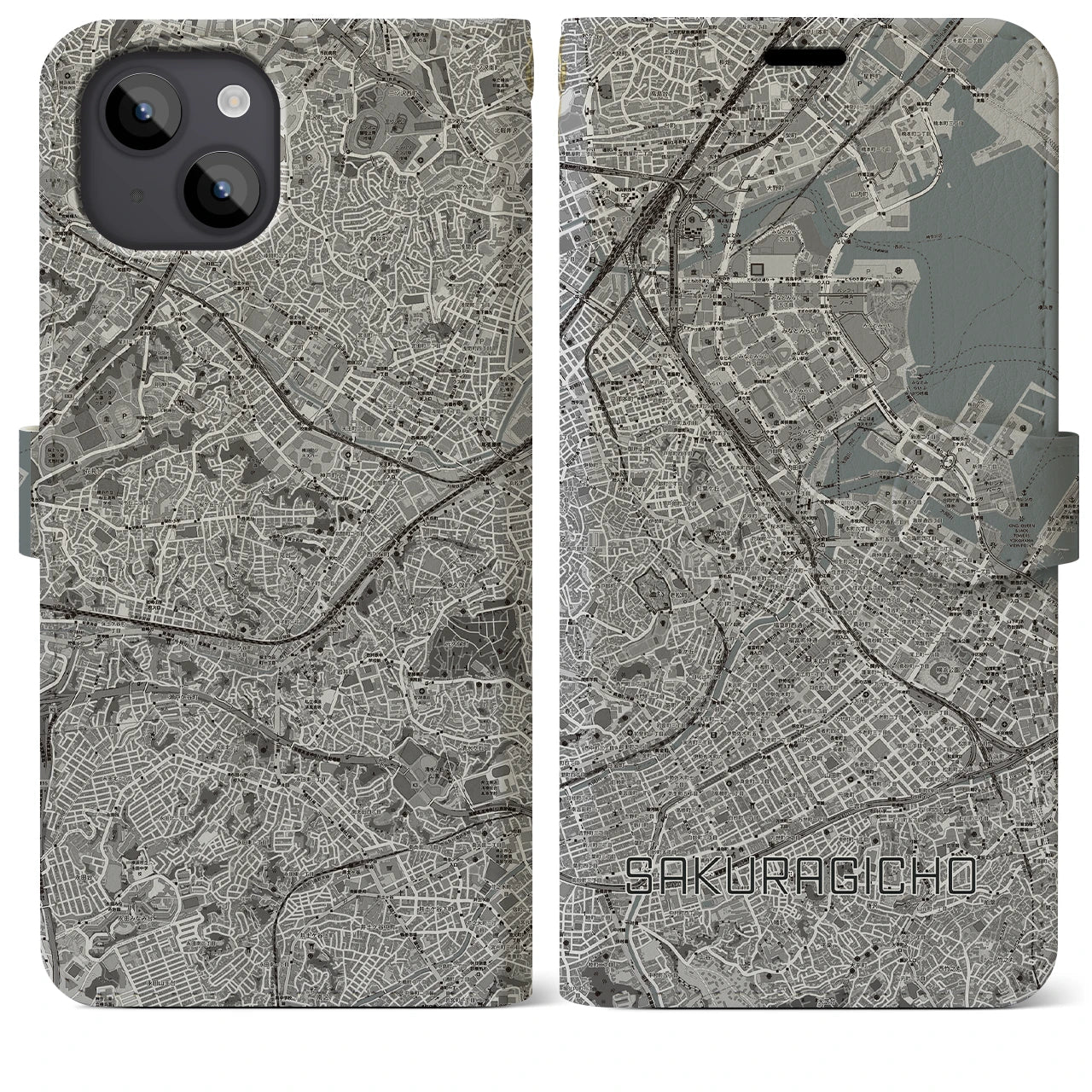 【桜木町】地図柄iPhoneケース（手帳両面タイプ・モノトーン）iPhone 14 Plus 用