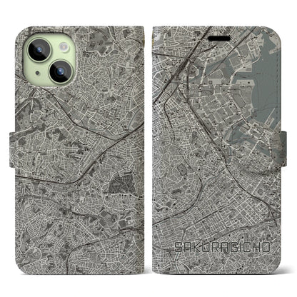 【桜木町（神奈川県）】地図柄iPhoneケース（手帳タイプ）モノトーン・iPhone 15 用