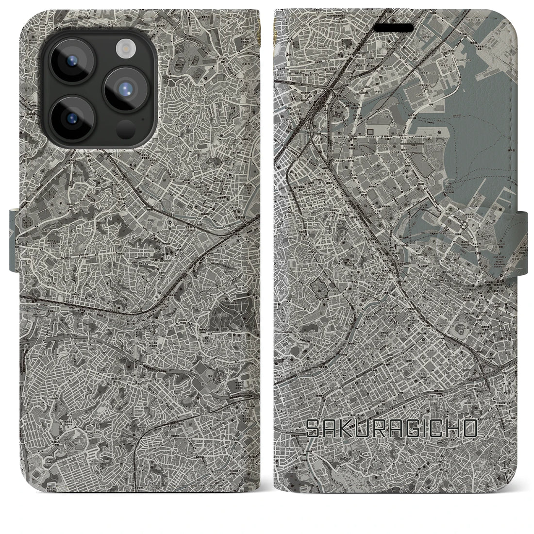 【桜木町】地図柄iPhoneケース（手帳両面タイプ・モノトーン）iPhone 15 Pro Max 用