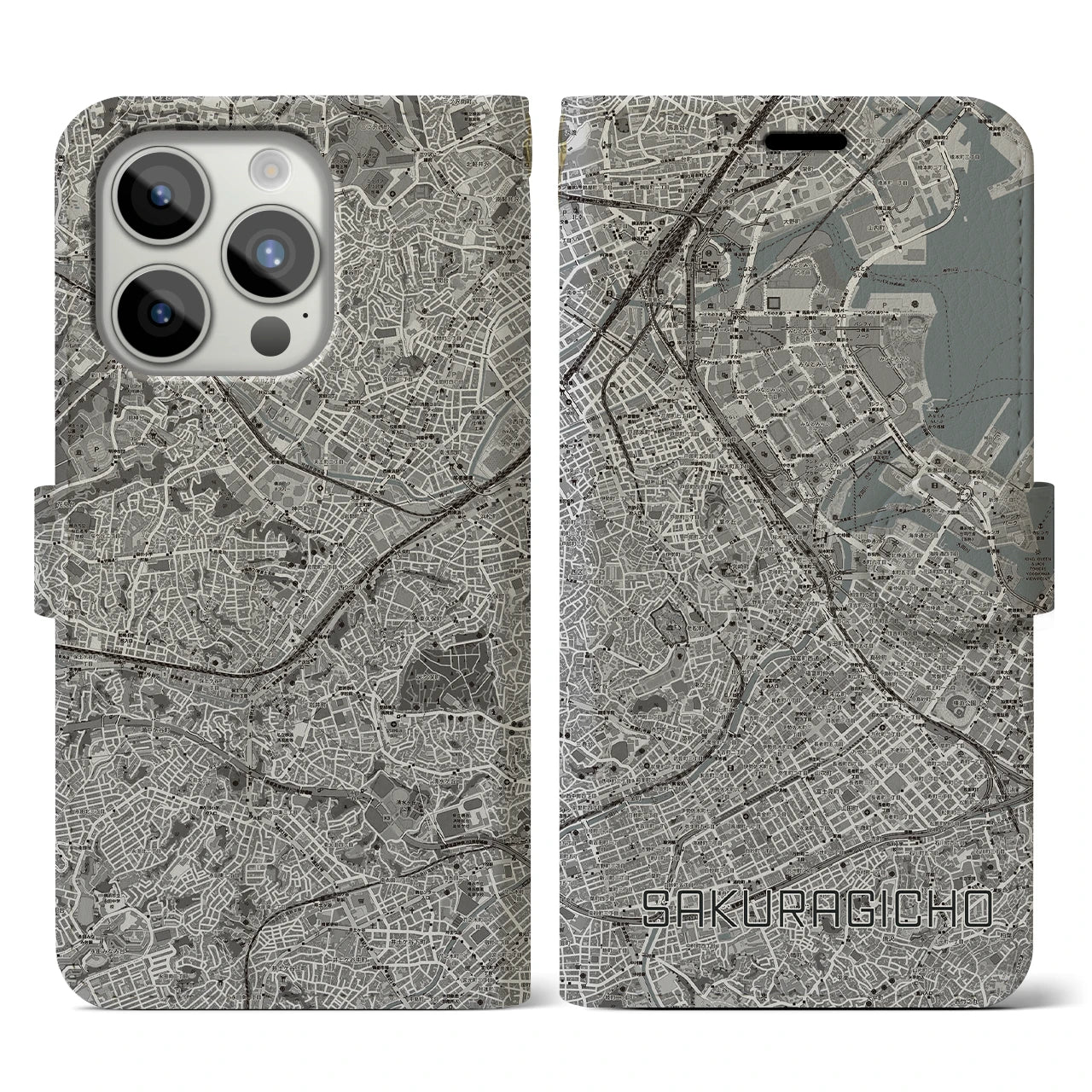 【桜木町】地図柄iPhoneケース（手帳両面タイプ・モノトーン）iPhone 15 Pro 用