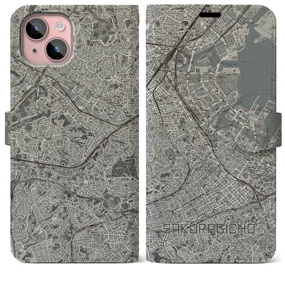 【桜木町（神奈川県）】地図柄iPhoneケース（手帳タイプ）モノトーン・iPhone 15 Plus 用