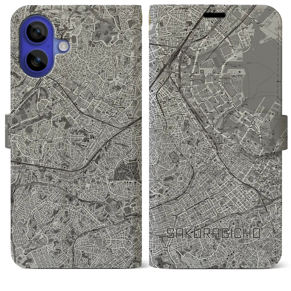 【桜木町(神奈川県)】地図柄iPhoneケース(手帳タイプ)モノトーン・iPhone 16 Pro Max 用