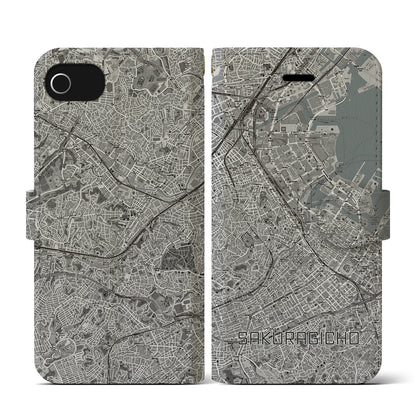 【桜木町（神奈川県）】地図柄iPhoneケース（手帳タイプ）モノトーン・iPhone SE（第3 / 第2世代） / 8 / 7 / 6s / 6 用