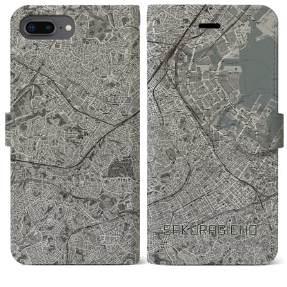 【桜木町（神奈川県）】地図柄iPhoneケース（手帳タイプ）モノトーン・iPhone 8Plus /7Plus / 6sPlus / 6Plus 用
