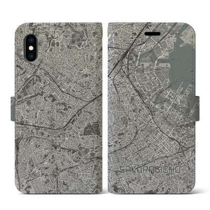 【桜木町（神奈川県）】地図柄iPhoneケース（手帳タイプ）モノトーン・iPhone XS / X 用
