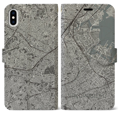 【桜木町（神奈川県）】地図柄iPhoneケース（手帳タイプ）モノトーン・iPhone XS Max 用