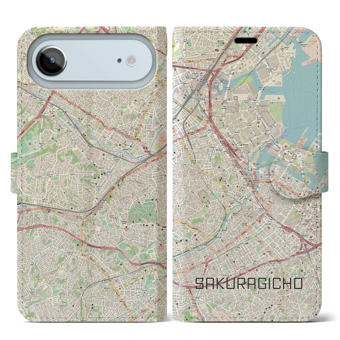 【桜木町(神奈川県)】地図柄iPhoneケース(手帳タイプ)モノトーン・iPhone 17 Pro Max 用