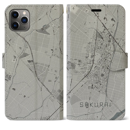 【桜井（愛知県）】地図柄iPhoneケース（手帳タイプ）モノトーン・iPhone 11 Pro Max 用