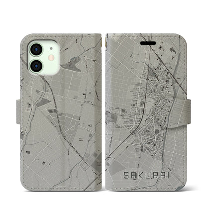 【桜井（愛知県）】地図柄iPhoneケース（手帳タイプ）モノトーン・iPhone 12 mini 用