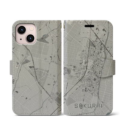 【桜井（愛知県）】地図柄iPhoneケース（手帳タイプ）モノトーン・iPhone 13 mini 用