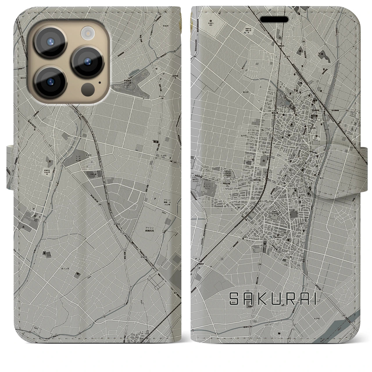【桜井（愛知県）】地図柄iPhoneケース（手帳両面タイプ・モノトーン）iPhone 14 Pro Max 用