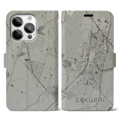 【桜井（愛知県）】地図柄iPhoneケース（手帳タイプ）モノトーン・iPhone 14 Pro 用