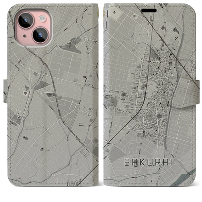 【桜井（愛知県）】地図柄iPhoneケース（手帳タイプ）モノトーン・iPhone 15 Plus 用