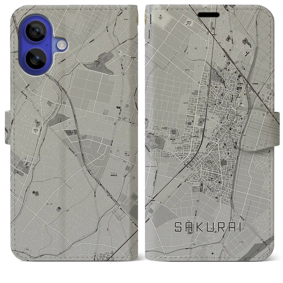 【桜井(愛知県)】地図柄iPhoneケース(手帳タイプ)モノトーン・iPhone 16 Pro Max 用