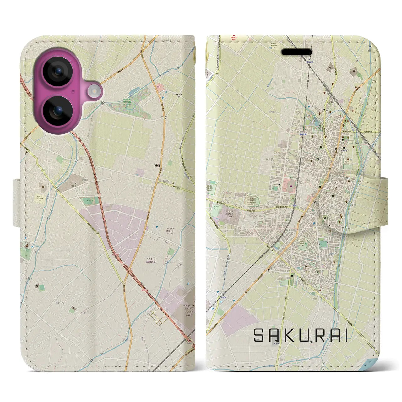 【桜井（愛知県）】地図柄iPhoneケース（手帳タイプ）ナチュラル・iPhone 16 Pro 用