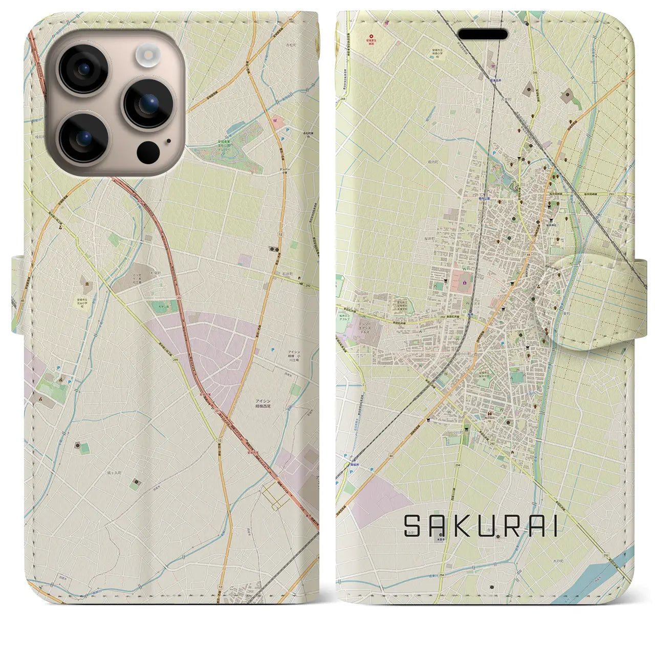 【桜井（愛知県）】地図柄iPhoneケース（手帳タイプ）ナチュラル・iPhone 16 Plus 用