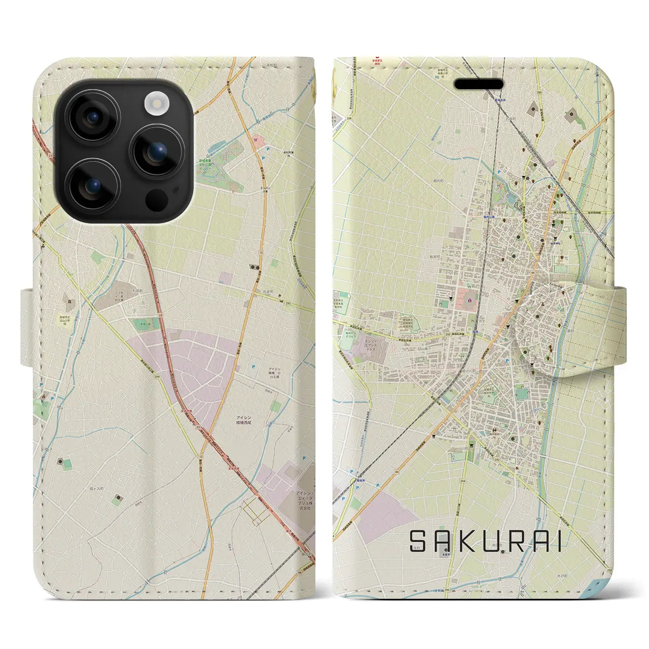 【桜井（愛知県）】地図柄iPhoneケース（手帳タイプ）ナチュラル・iPhone 16 用