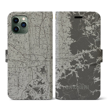 【桜井（奈良県）】地図柄iPhoneケース（手帳タイプ）モノトーン・iPhone 11 Pro 用