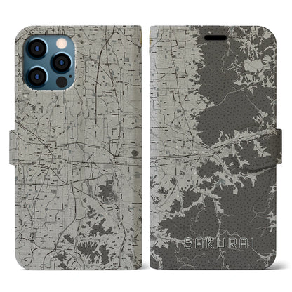 【桜井（奈良県）】地図柄iPhoneケース（手帳タイプ）モノトーン・iPhone 12 / 12 Pro 用
