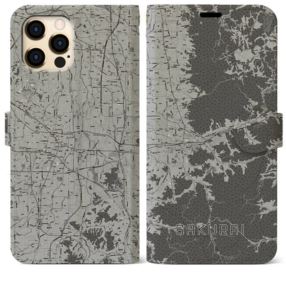 【桜井（奈良県）】地図柄iPhoneケース（手帳タイプ）モノトーン・iPhone 12 Pro Max 用