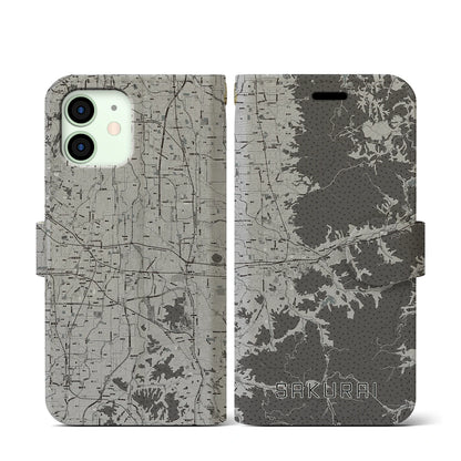 【桜井（奈良県）】地図柄iPhoneケース（手帳タイプ）モノトーン・iPhone 12 mini 用