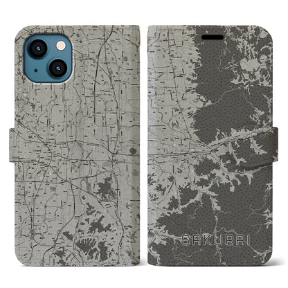 【桜井（奈良県）】地図柄iPhoneケース（手帳タイプ）モノトーン・iPhone 13 用