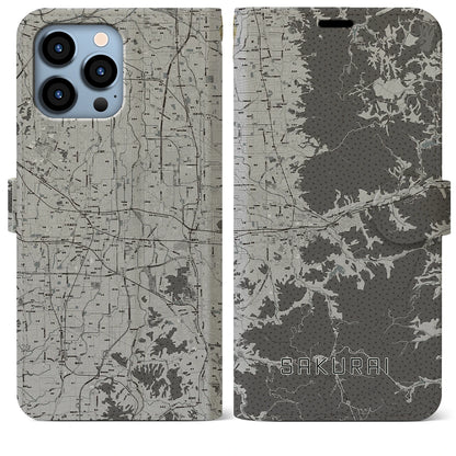 【桜井（奈良県）】地図柄iPhoneケース（手帳タイプ）モノトーン・iPhone 13 Pro Max 用