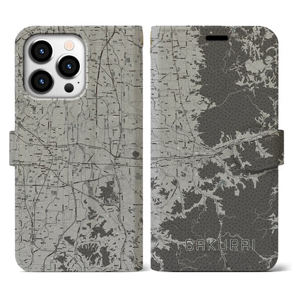 【桜井（奈良県）】地図柄iPhoneケース（手帳タイプ）モノトーン・iPhone 13 Pro 用