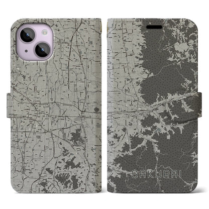 【桜井（奈良県）】地図柄iPhoneケース（手帳タイプ）モノトーン・iPhone 14 用