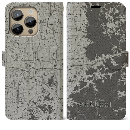 【桜井（奈良県）】地図柄iPhoneケース（手帳タイプ）モノトーン・iPhone 14 Pro Max 用