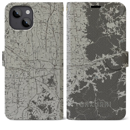 【桜井（奈良県）】地図柄iPhoneケース（手帳タイプ）モノトーン・iPhone 14 Plus 用