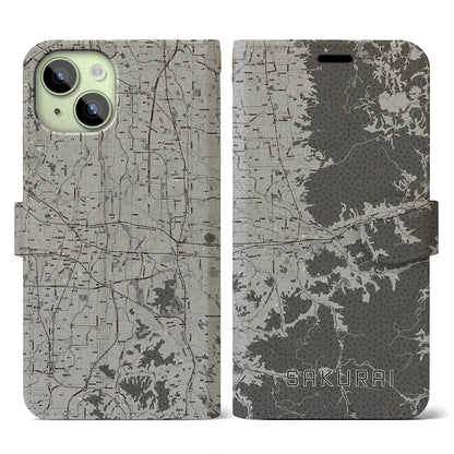 【桜井（奈良県）】地図柄iPhoneケース（手帳タイプ）モノトーン・iPhone 15 用