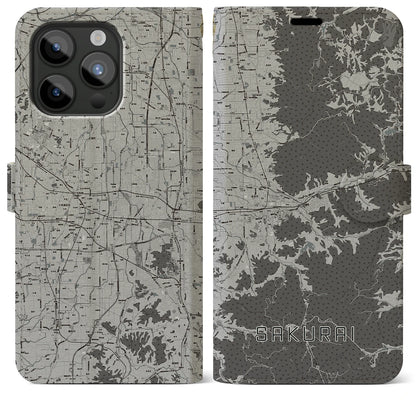 【桜井（奈良県）】地図柄iPhoneケース（手帳タイプ）モノトーン・iPhone 15 Pro Max 用