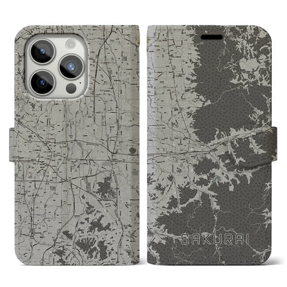 【桜井（奈良県）】地図柄iPhoneケース（手帳タイプ）モノトーン・iPhone 15 Pro 用