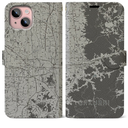 【桜井（奈良県）】地図柄iPhoneケース（手帳タイプ）モノトーン・iPhone 15 Plus 用