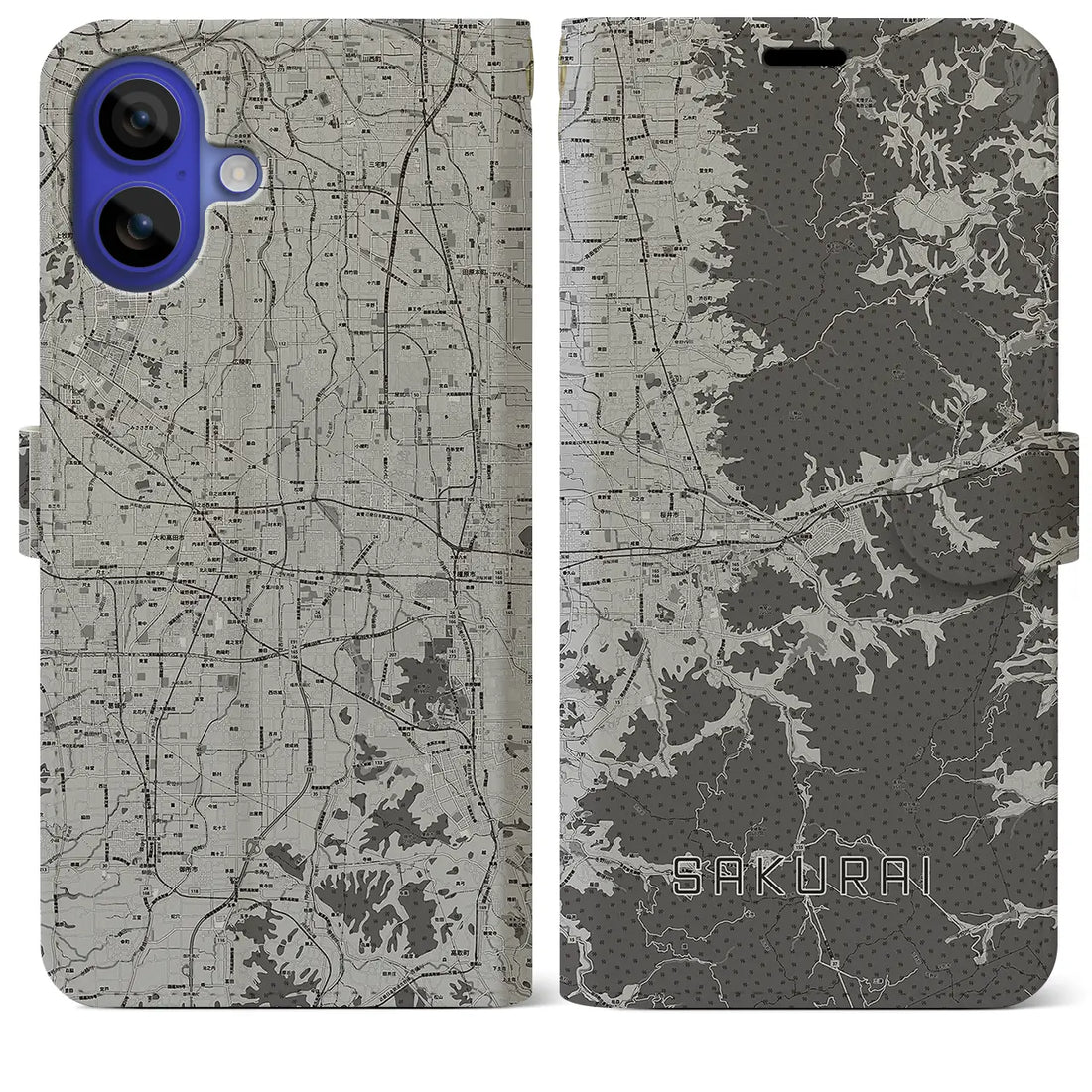 【桜井(奈良県)】地図柄iPhoneケース(手帳タイプ)モノトーン・iPhone 16 Pro Max 用