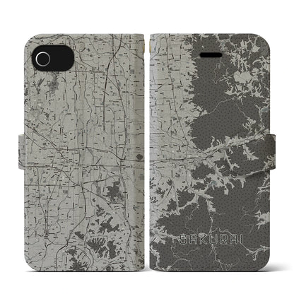 【桜井（奈良県）】地図柄iPhoneケース（手帳タイプ）モノトーン・iPhone SE（第3 / 第2世代） / 8 / 7 / 6s / 6 用