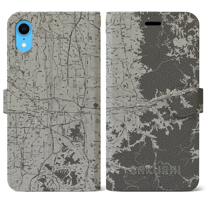 【桜井（奈良県）】地図柄iPhoneケース（手帳タイプ）モノトーン・iPhone XR 用