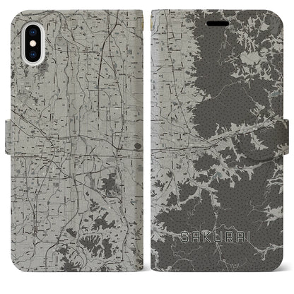【桜井（奈良県）】地図柄iPhoneケース（手帳タイプ）モノトーン・iPhone XS Max 用