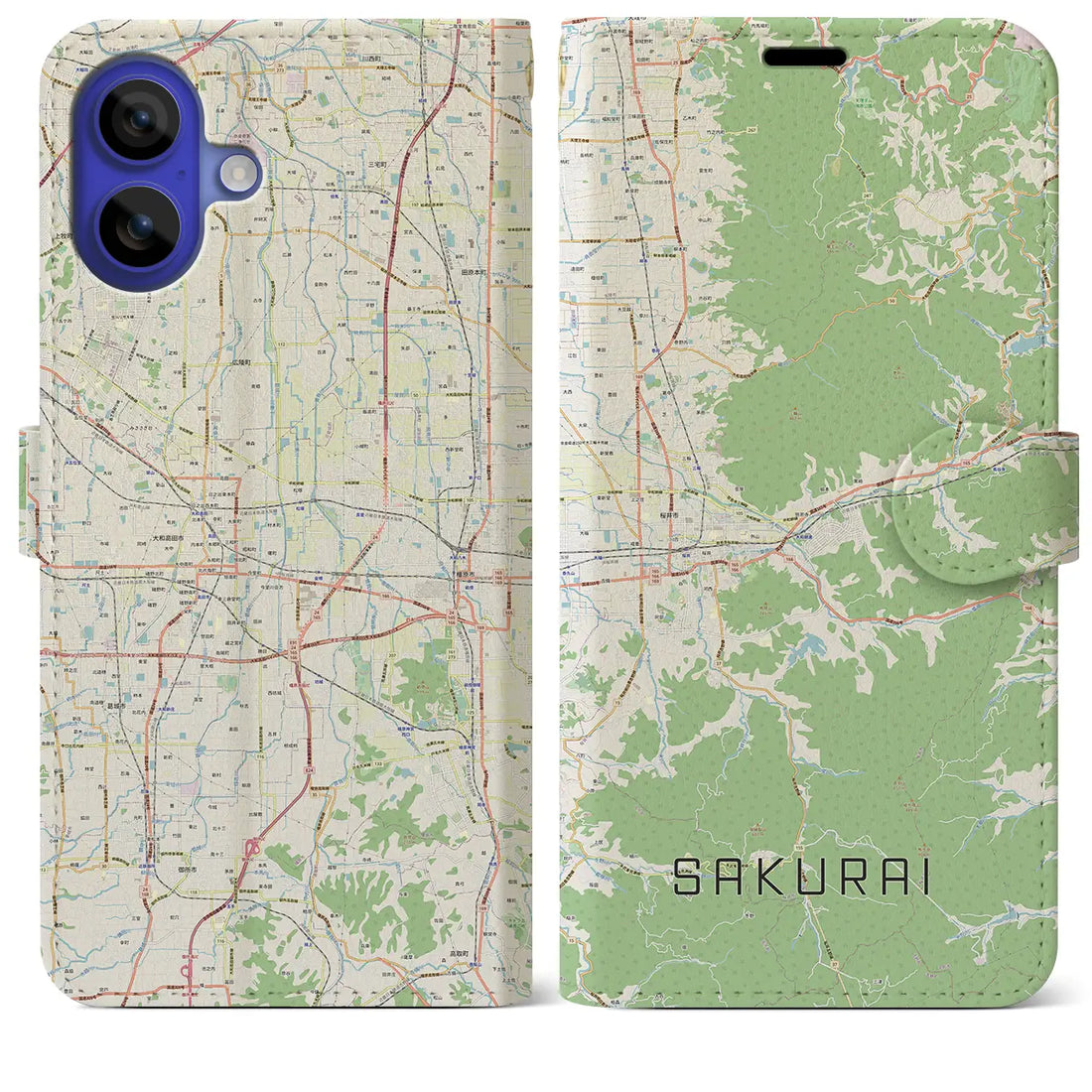 【桜井(奈良県)】地図柄iPhoneケース(手帳タイプ)ナチュラル・iPhone 16 Pro Max 用