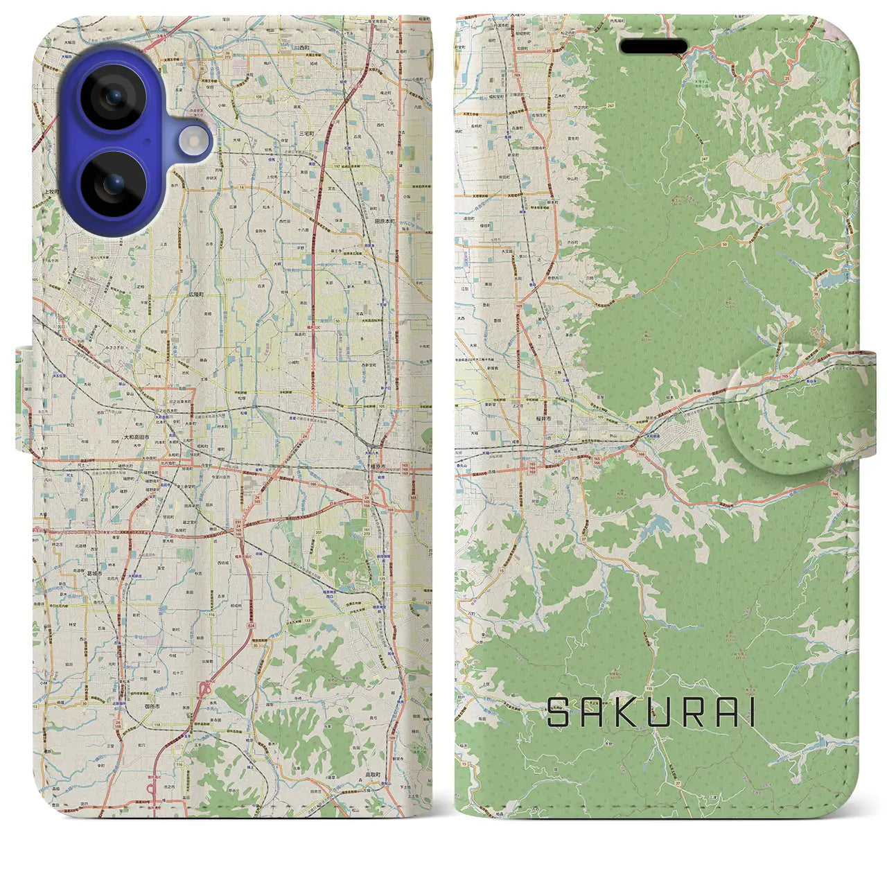 【桜井（奈良県）】地図柄iPhoneケース（手帳タイプ）ナチュラル・iPhone 16 Pro Max 用