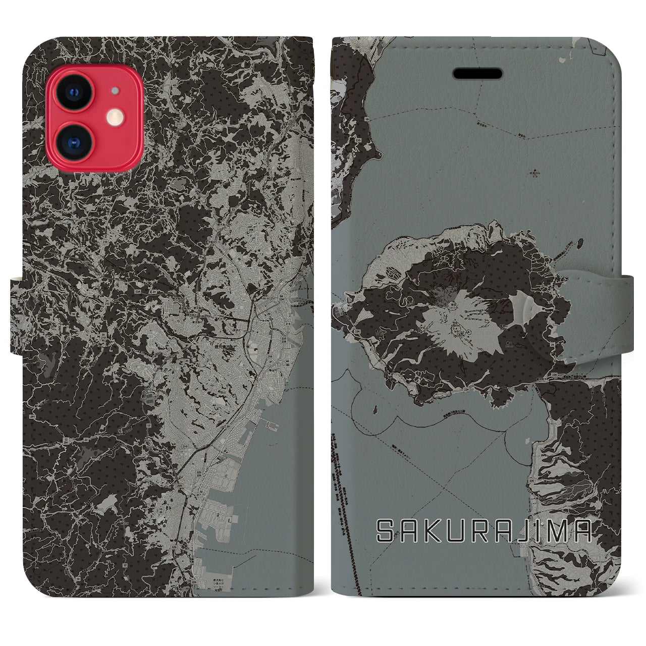 【桜島】地図柄iPhoneケース（手帳両面タイプ・モノトーン）iPhone 11 用