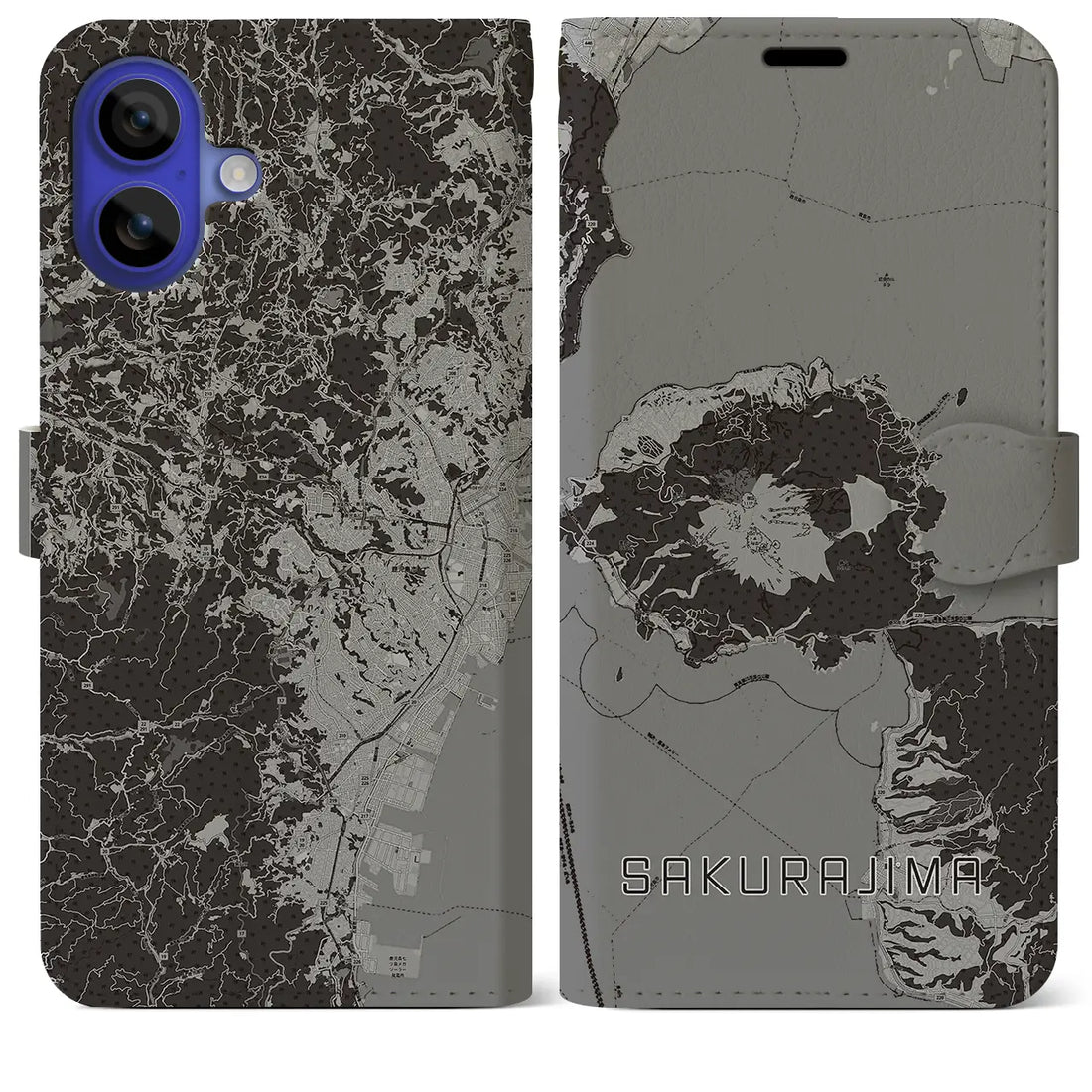 【桜島(鹿児島県)】地図柄iPhoneケース(手帳タイプ)モノトーン・iPhone 16 Pro Max 用