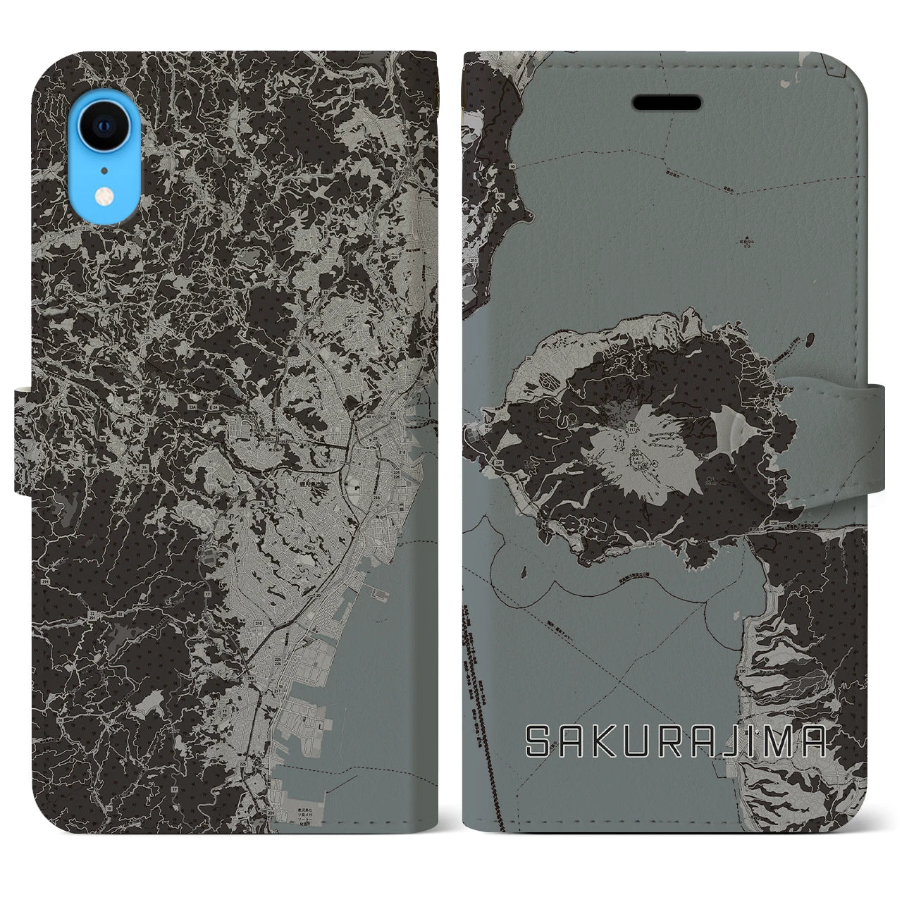 【桜島】地図柄iPhoneケース（手帳両面タイプ・モノトーン）iPhone XR 用
